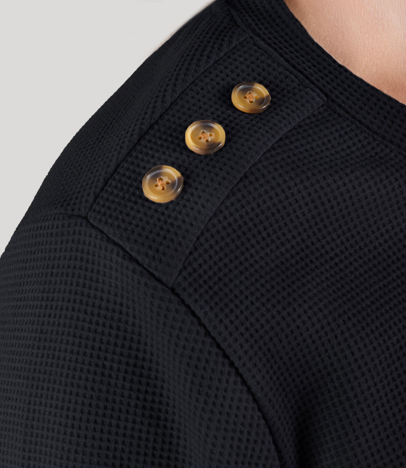 Close up of JunoWaffle 3/4 Sleeve Button Top in color black.