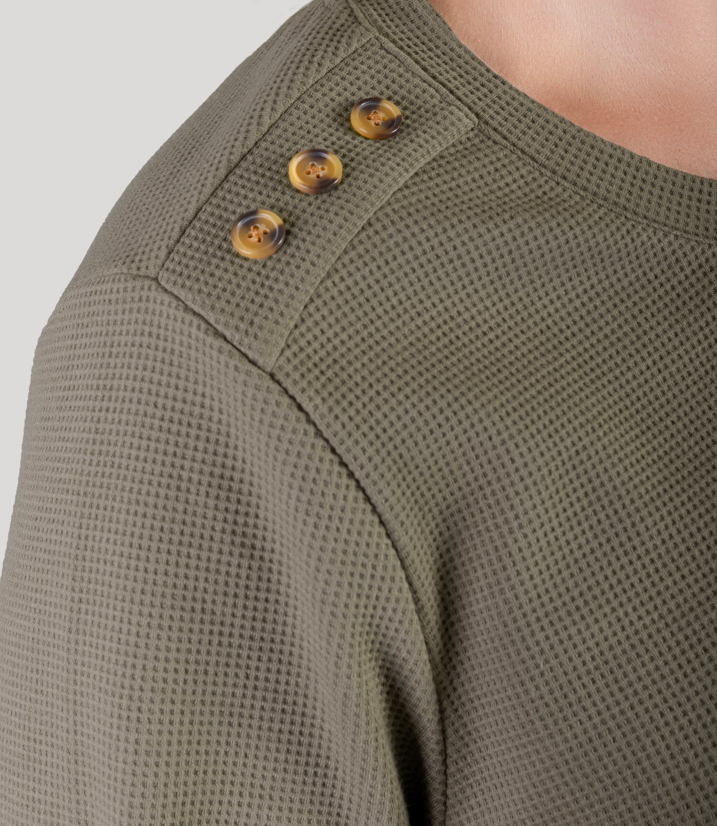 Close up of JunoWaffle 3/4 Sleeve Button Top in color Olive.