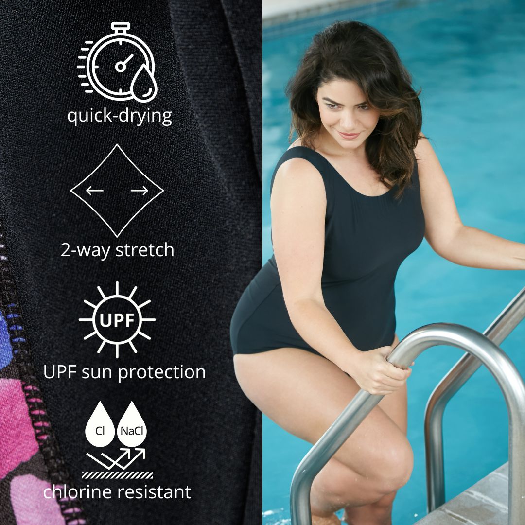 Close-up of AquaSport fabric on the left with 4 icons overlaid: quick-drying, 2 way stretch, UPF sun protection, chlorine resistant. Plus size woman on the right is wearing a JunoActive plus size swimsuit in black. She is climbing down the ladder into a pool. 