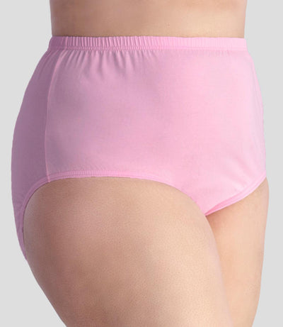 Close up of the bottom half of plus sized woman, facing front, wearing JunoActive Junowear Cotton Stretch Classic Full Fit Brief in pink. This brief has a high waist fit with conservative leg opening.
