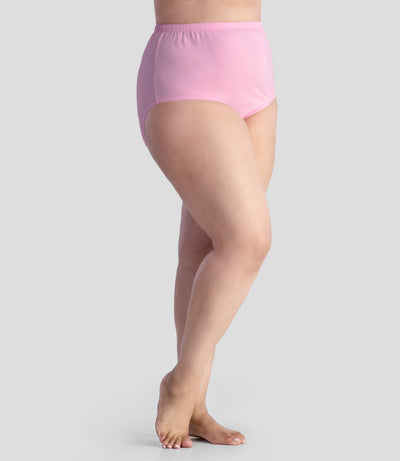 Bottom half of plus sized woman, facing front, wearing JunoActive Junowear Cotton Stretch Classic Full Fit Brief in pink. This brief has a high waist fit with conservative leg opening.