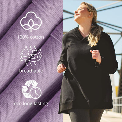 Close-up of Legacy Cotton fabric on the left with 3 icons overlaid: 100% Cotton, breathable, eco long-lasting. Plus size woman on the right is wearing a plus size hoodie in black and plus size leggings in grey. She is walking outdoors on a bridge. 
