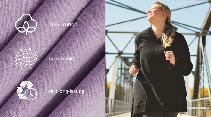 Close-up of Legacy Cotton fabric on the left with 3 icons overlaid: 100% Cotton, breathable, eco long-lasting. Plus size woman on the right is wearing a plus size hoodie in black and plus size leggings in grey. She is walking outdoors on a bridge. 