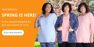 New Arrivals for spring 2024 from JunoActive plus size women's clothing featuring three plus size models wearing JunoActive plus size casual clothing