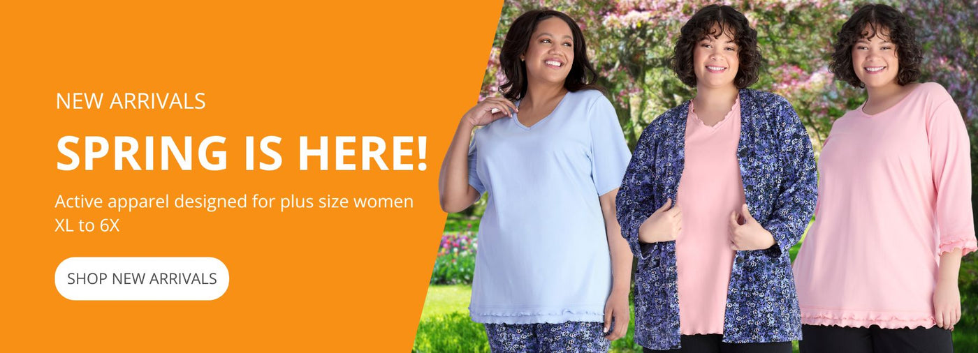 New Arrivals for Spring 2024 from JunoActive plus size women's clothing featuring three plus size women wearing JunoActive plus size casual clothing 