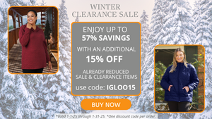 Winter evergeen trees covered in snow with two images on either side showing plus size women wearing JunoActive plus size activewear promoting winter clearance sale. save up to 57% with an additional 15% off sale items with code IGLOO15 through January.