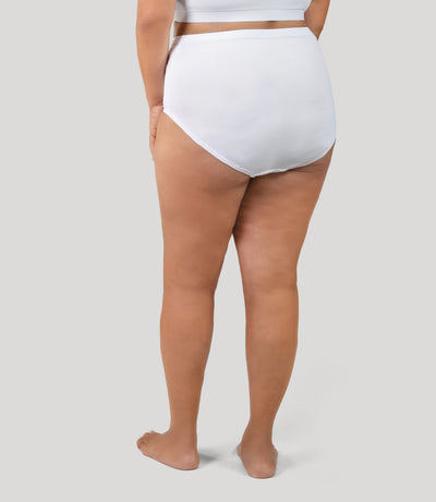 Plus size person, facing back, wearing JunoActive's QuikWik Full Fit  plus size underwear in color white on a gray background.