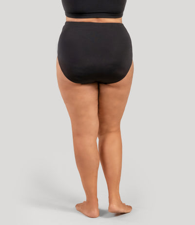 Plus size person, facing back, wearing JunoActive's QuikWik Full Fit plus size Brief black on a gray background.
