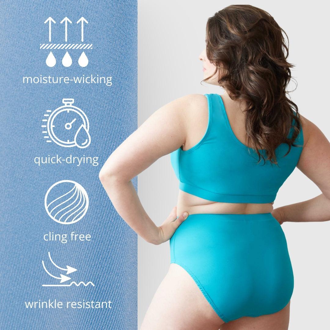 Close-up of QuikWik fabric on the left with 4 icons overlaid: moisture-wicking, quick-drying, cling free, wrinkle resistant. An image of a plus size woman on the right is wearing a coordinating set of plus size bra and plus size underwear in turquoise.  