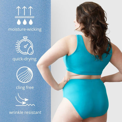 Close-up of QuikWik fabric on the left with 4 icons overlaid: moisture-wicking, quick-drying, cling free, wrinkle resistant. An image of a plus size woman on the right is wearing a coordinating set of plus size bra and plus size underwear in turquoise.  