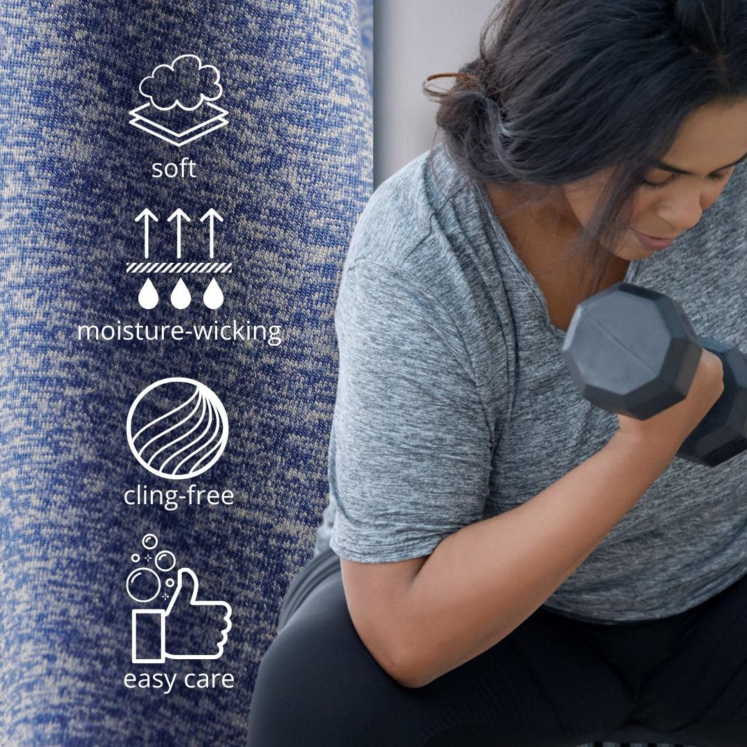 Close-up of SoftWik fabric on the left with 4 icons overlaid: Soft, moisture-wicking, cling free, easy care. Plus size woman on the right is wearing a grey SoftWik plus size top and plus size leggings in black while lifting a handweight. 