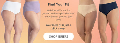 JunoActive plus size women's clothing featuring four different types of underwear designs.