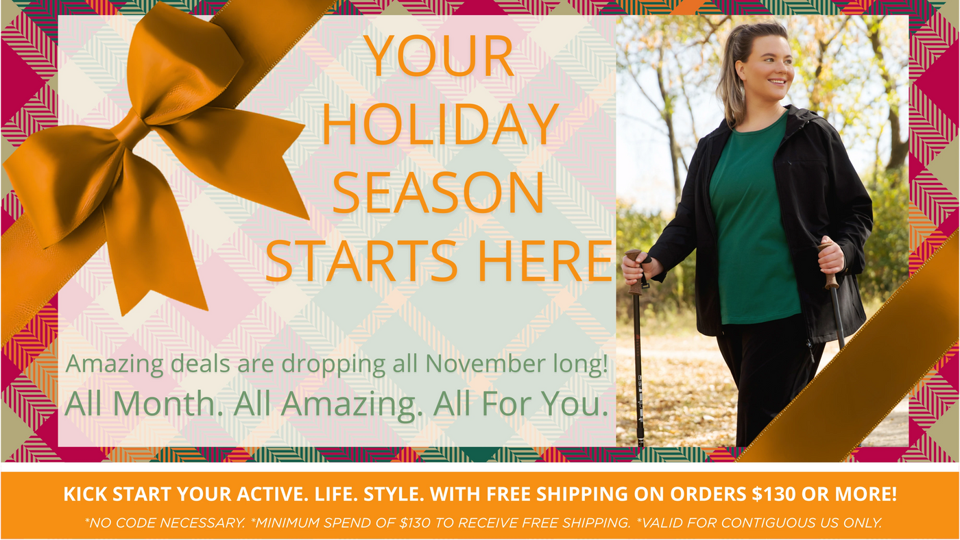 JunoActive plus size women's activewear Holiday Season kickoff. Amazing Deals all November long. Bonus, free shipping on orders of $130+ for contiguous US only. Featuring orange bow with plaid background showing a plus size woman hiking while wearing a JunoActive hiking plus size jacket, top and pants.