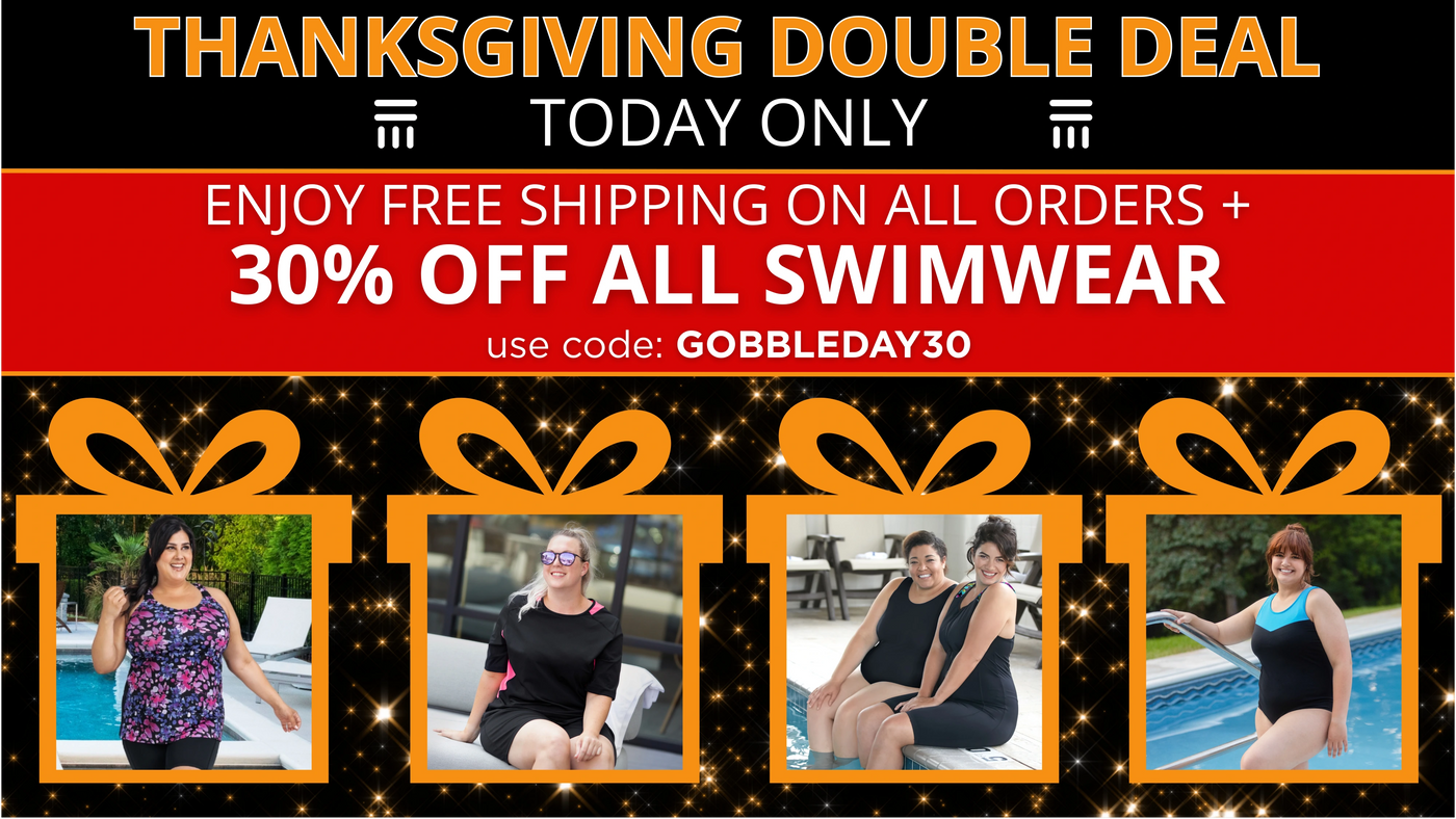 Thanksgiving day sale banner promoting free shipping plus 30% off JunoActive plus size women's swimwear with code: GOBBLEDAY30.