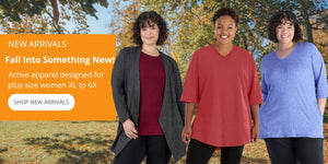 JunoActive plus size women's clothing featuring fall new arrivals being worn by three plus size models