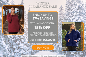 Winter evergeen trees covered in snow with two images on either side showing plus size women wearing JunoActive plus size activewear promoting winter clearance sale. save up to 57% with an additional 15% off sale items with code IGLOO15 through January.