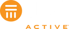Juno Active Logo - Orange circle with white lines inside the circle creating a modern column. To the right of the circle is the word 