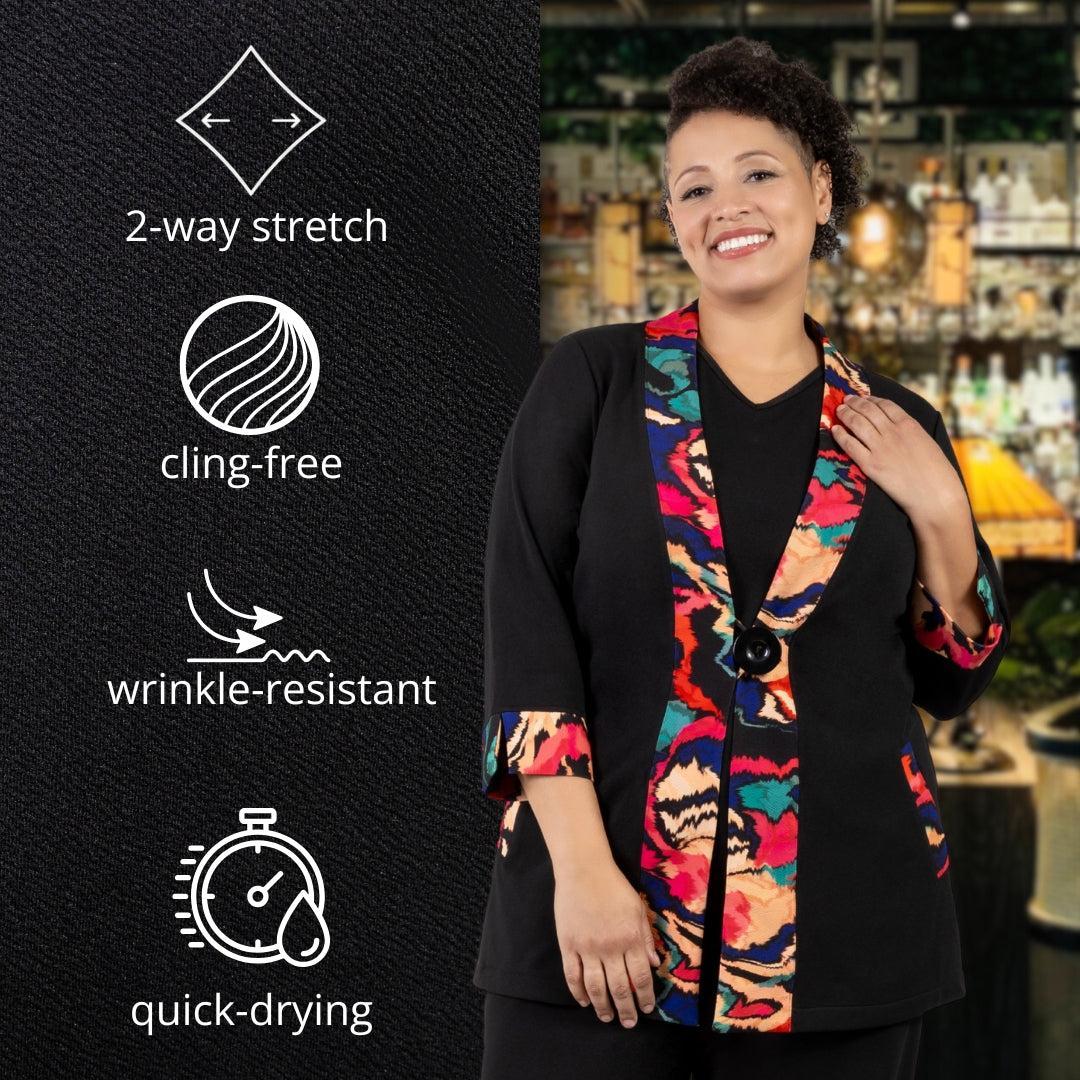 Plus size woman wearing JunoActive's Junonia plus size Cardigan standing next to text on 2-way stretch, cling-free, wrinkle-resistant, and quick-drying features.