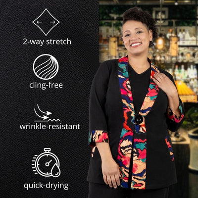Plus size woman wearing JunoActive's Junonia plus size Cardigan standing next to text on 2-way stretch, cling-free, wrinkle-resistant, and quick-drying features.