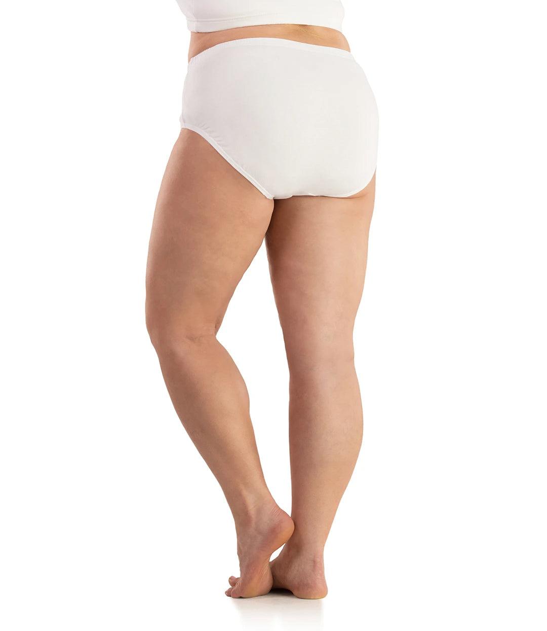 Bottom half of plus sized woman, back view, wearing JunoActive SupraKnit Briefs in white. This brief fits to the waistline with a conservative leg opening.