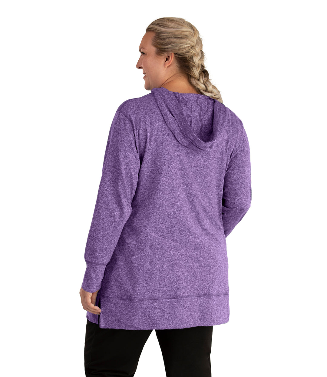 Plus size woman, facing back looking left, wearing JunoActive plus size SoftWik Long Sleeve Hoodie in the color Heather Amethyst. She is wearing JunoActive Plus Size Leggings in the color Black.