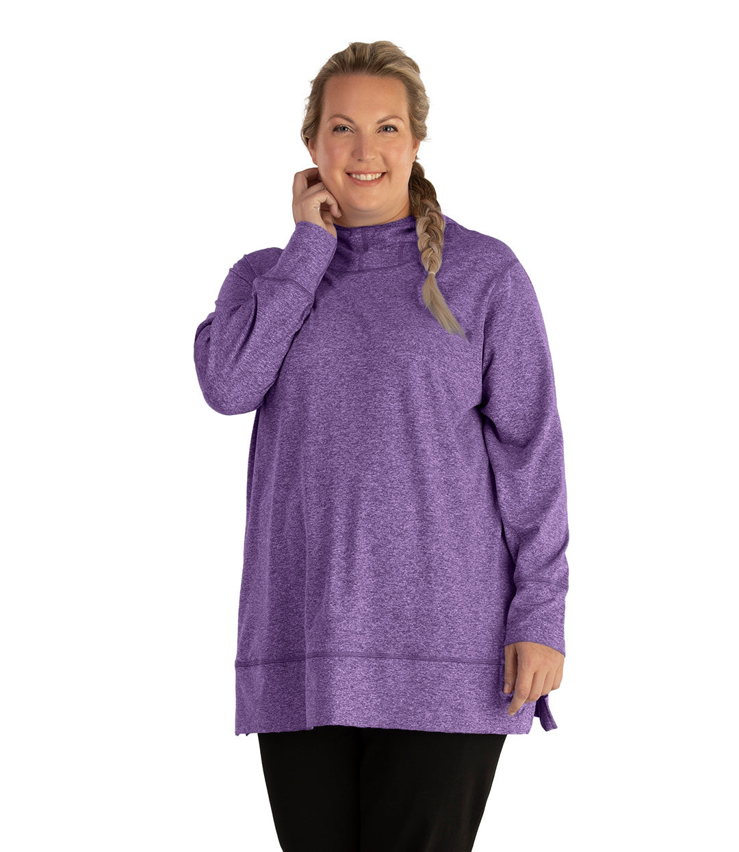 Plus size woman, facing front, wearing JunoActive plus size SoftWik Long Sleeve Hoodie in the color Heather Amethyst. She is wearing JunoActive Plus Size Leggings in the color Black.