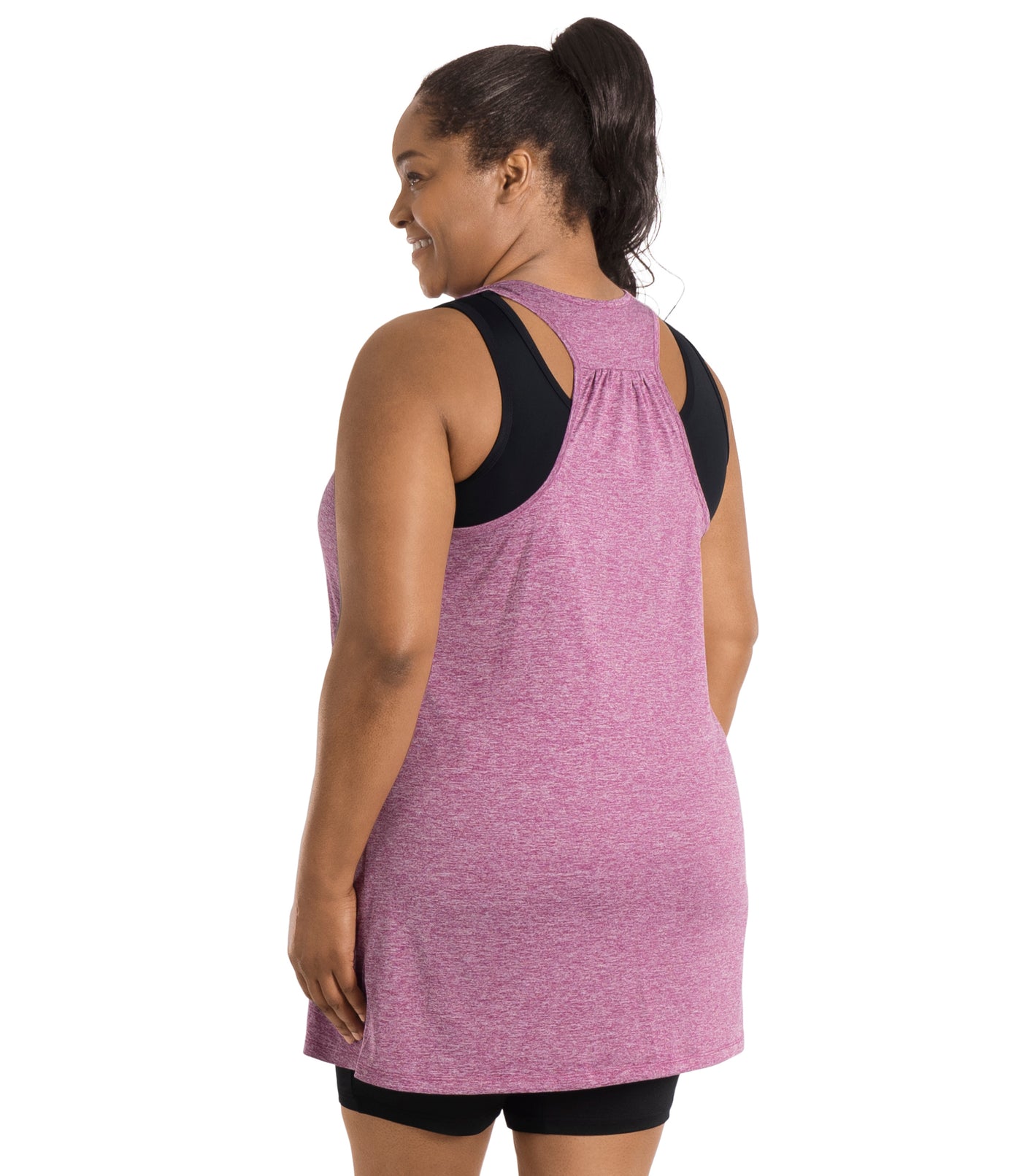 Plus size woman wearing JunoActive's SunLite Racer Back Tank Top in heather ruby facing front. 