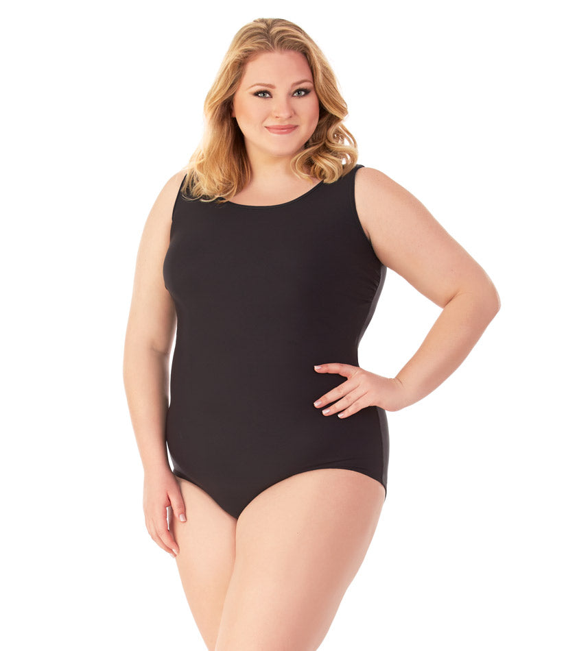 Plus size woman, front view , wearing JunoActive plus size QuikEnergy Spa Suit Black Tall. The suit is solid black, has a scoop neckline and conservative leg opening.
