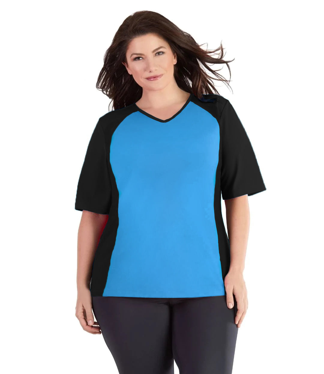 Plus size woman, facing front, wearing JunoActive's QuikEnergy Short Sleeve Swim and Sun Top. Sleeves are black and torso is turquoise. Sleeves come to model’s elbows. 