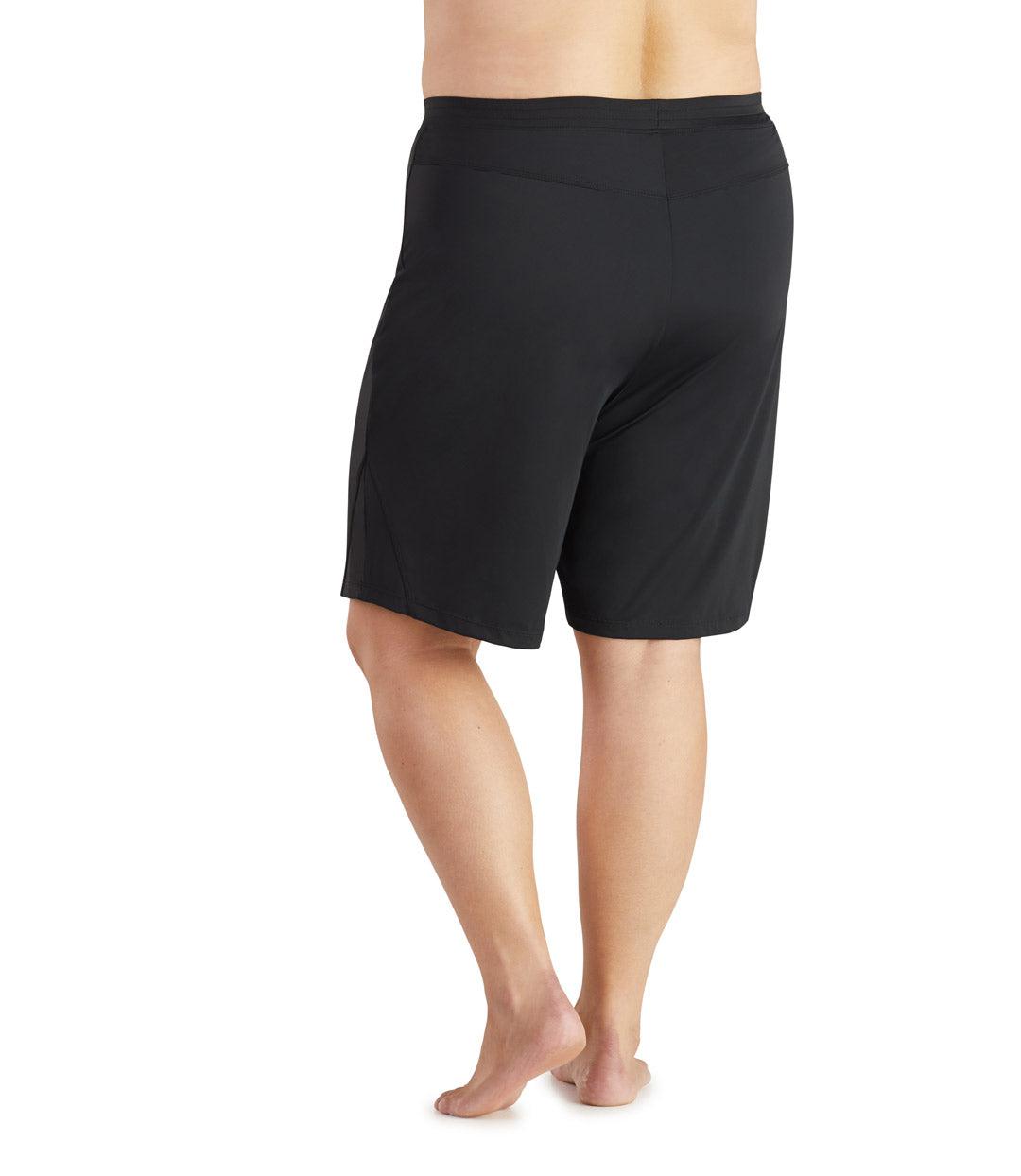 Plus size woman, back view, wearing  QuikEnergy Swim Short with Brief Black. Room in the leg with the hem sitting right above the knee. 
