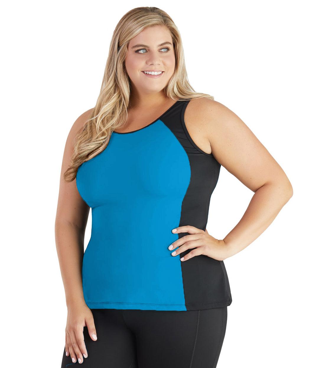 Plus size model, front view, wearing QuikEnergy Tankini Swim Top Turq and Black. Scoop neck with solid turquoise torso and black colorblock waist and shoulders.