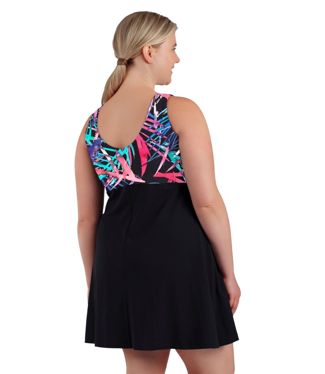 JunoActive AquaSport Zip Front Swim Dress Sunset Palm Print Black |  JunoActive Plus Size Activewear