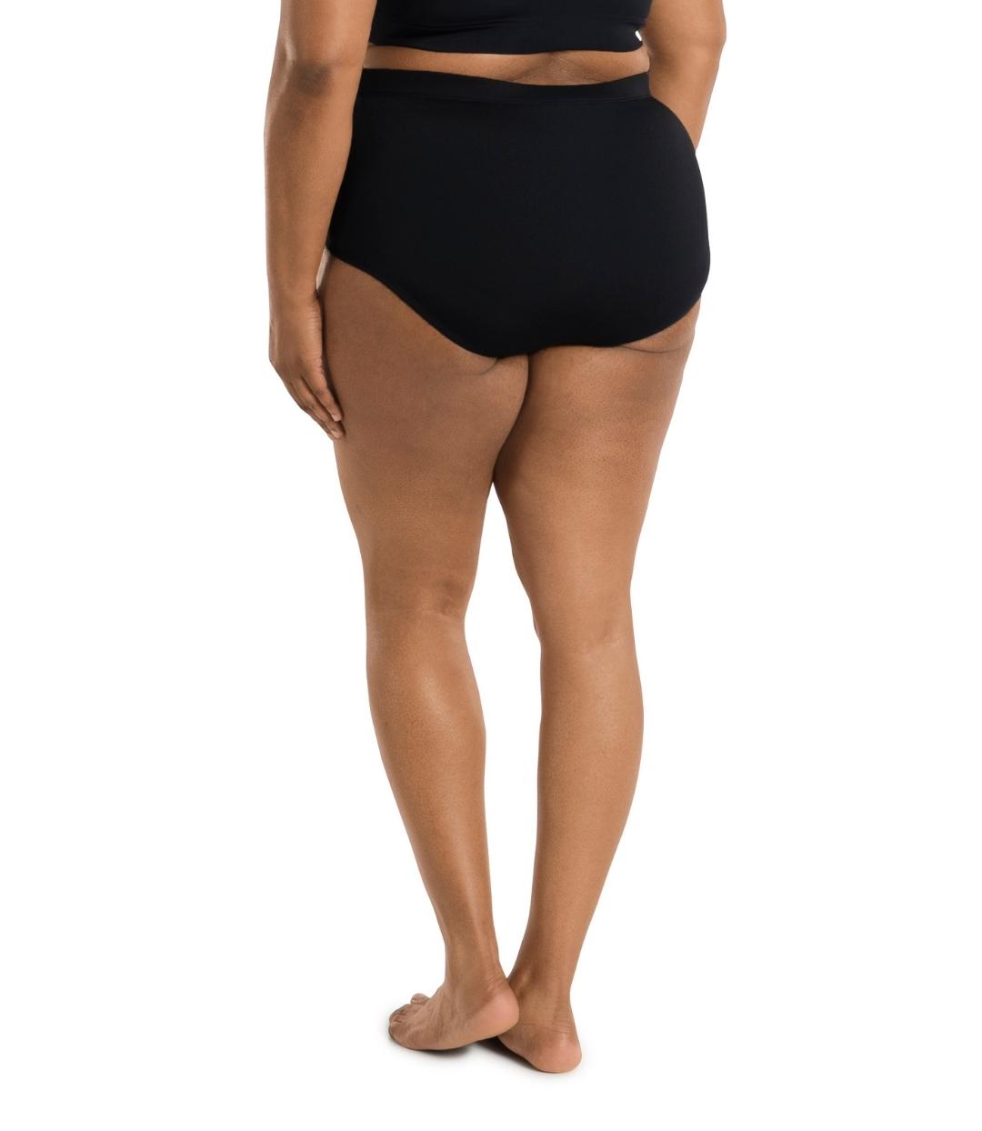 Plus size woman, back view, wearing AquaSport Swim Brief Black. Conservative leg opening and full bottom coverage. 