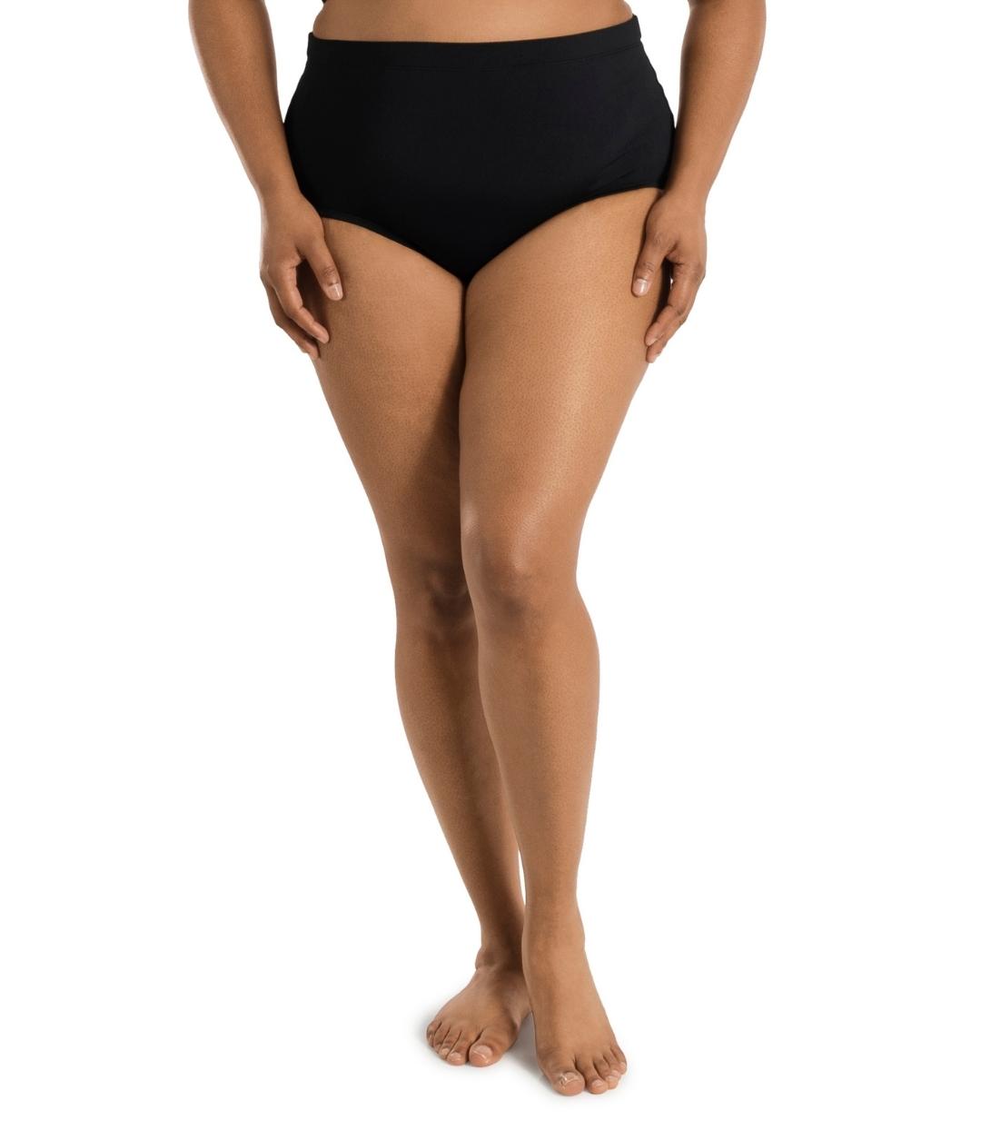 Plus size woman, front view, wearing AquaSport Swim Brief Black. Conservative leg opening and full bottom coverage. 