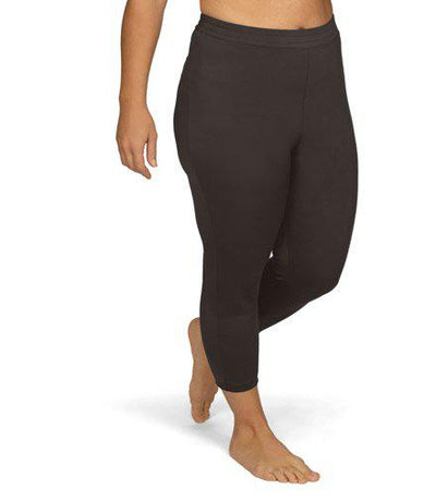Plus size model, facing side, wearing AquaSport Swim Capris in solid black. Length hitting right above the ankle. 