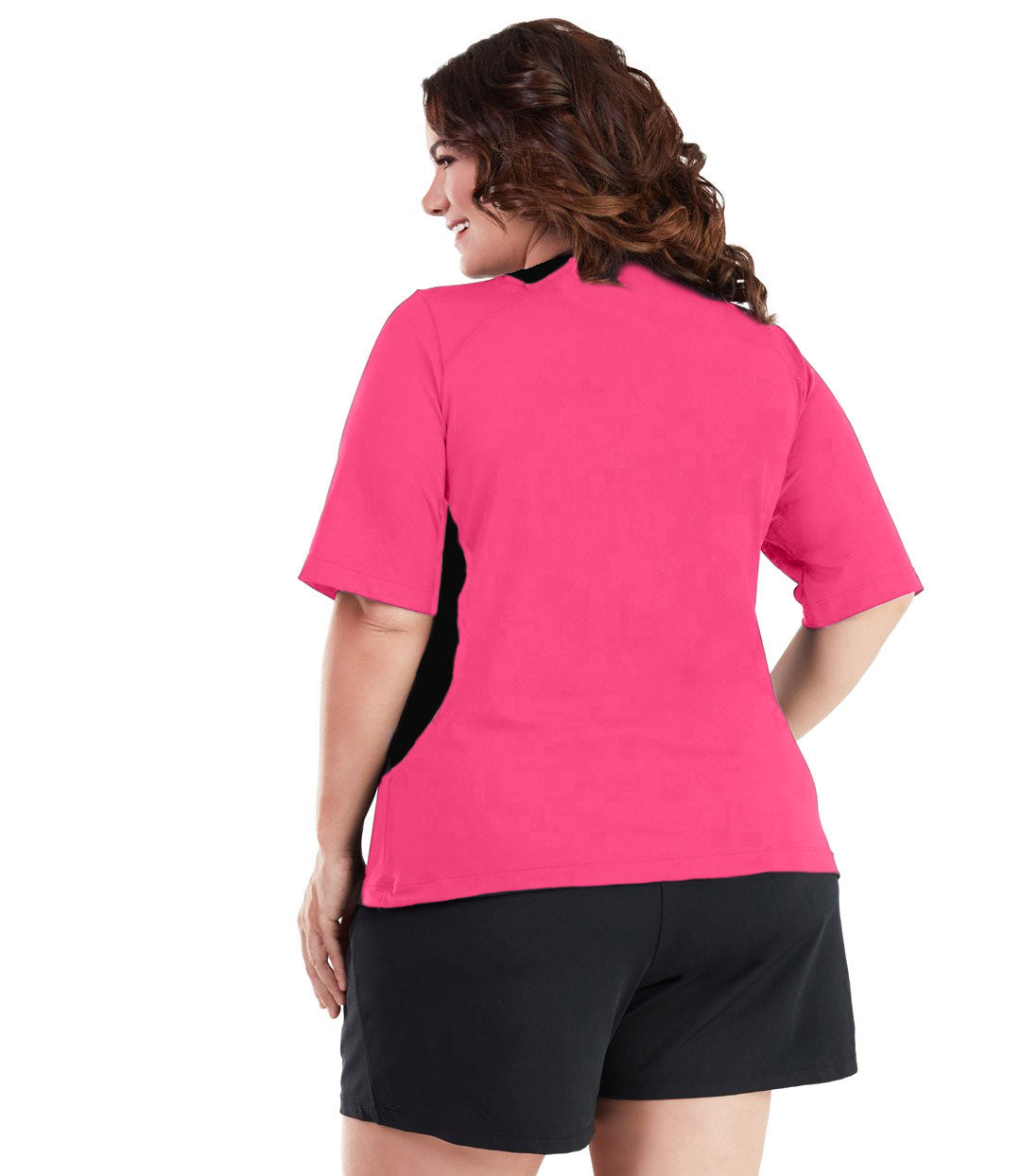 Plus size woman, back view, wearing AquaSport Colorblock Swim Tee Pink. Black colorblocking on waist and shoulders. Long cover short sleeves meeting at the elbow. 