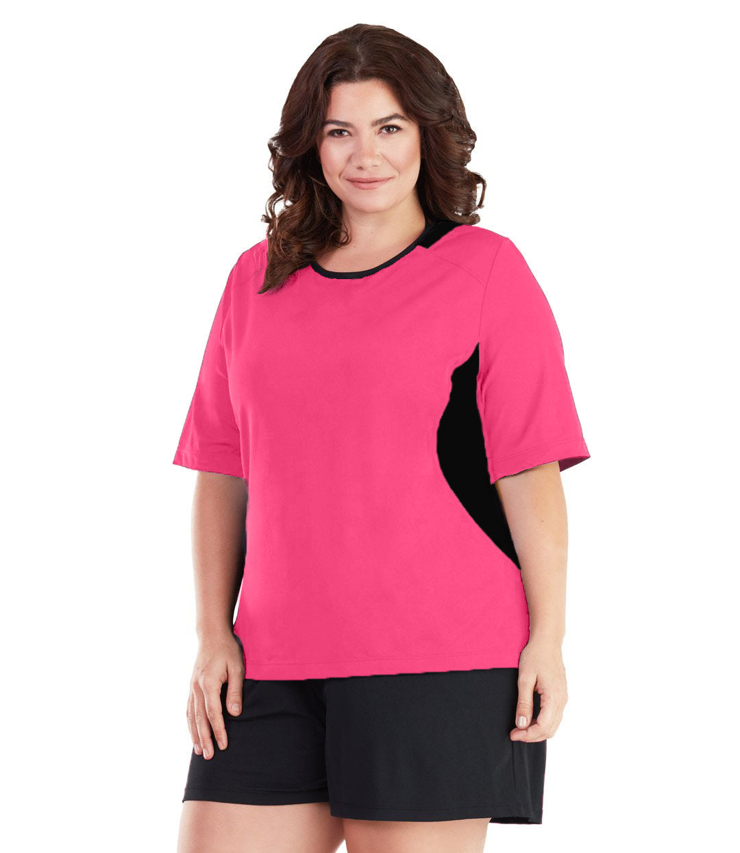 Plus size woman, facing front, wearing AquaSport Colorblock Swim Tee Pink. Black colorblocking on waist and shoulders. Long cover short sleeves meeting at the elbow and a rounded neckline. 