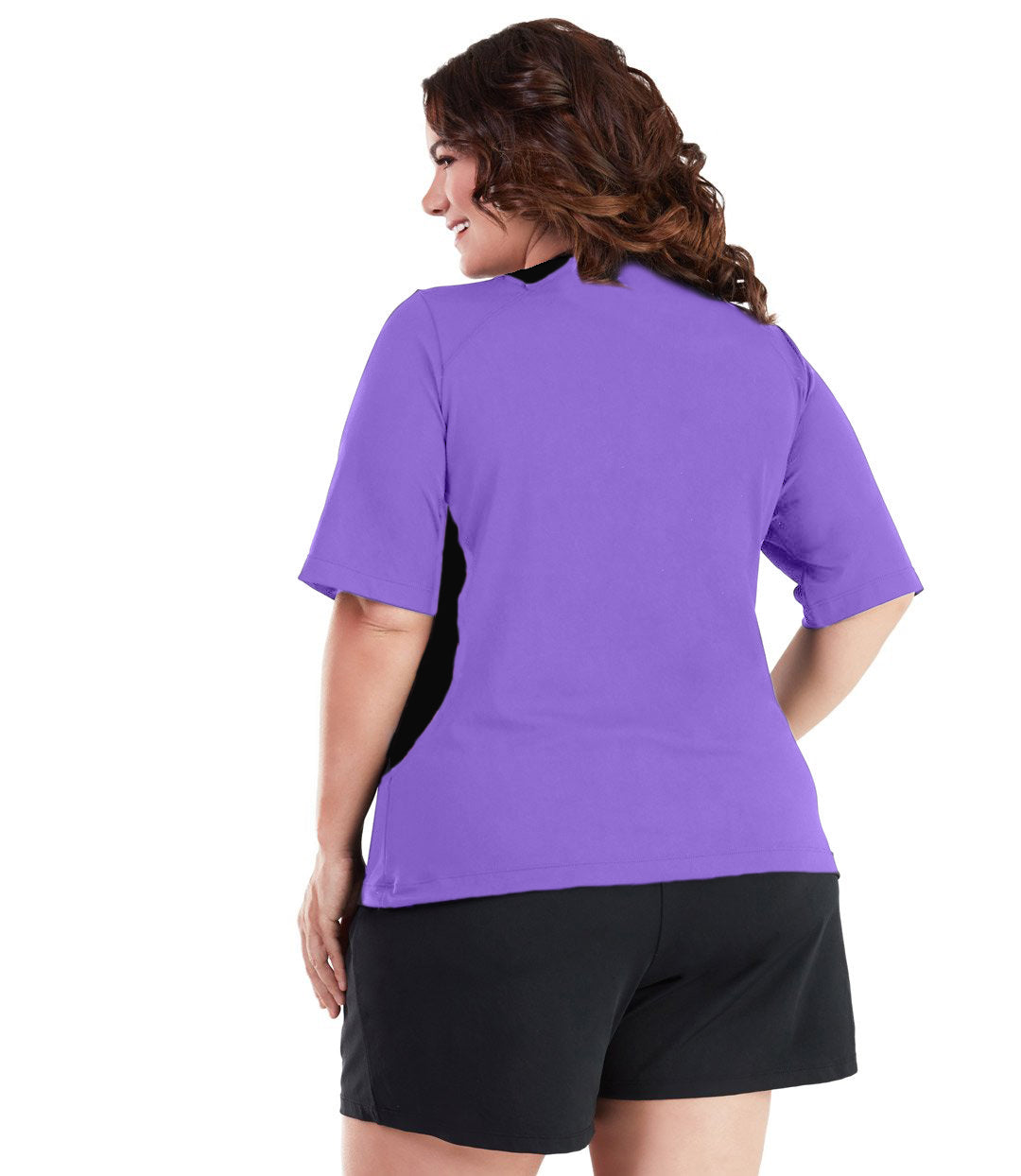 Plus size woman, back view, wearing AquaSport Colorblock Swim Tee Purple. Black colorblocking on waist and shoulders. Long cover short sleeves meeting at the elbow. 