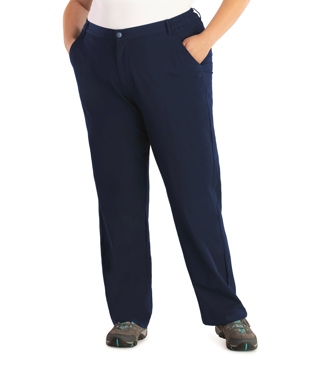Bottom half of plus sized woman, facing front, wearing JunoActive Hiking and Travel Pant in navy blue. These pants are full length and have pockets on each side.