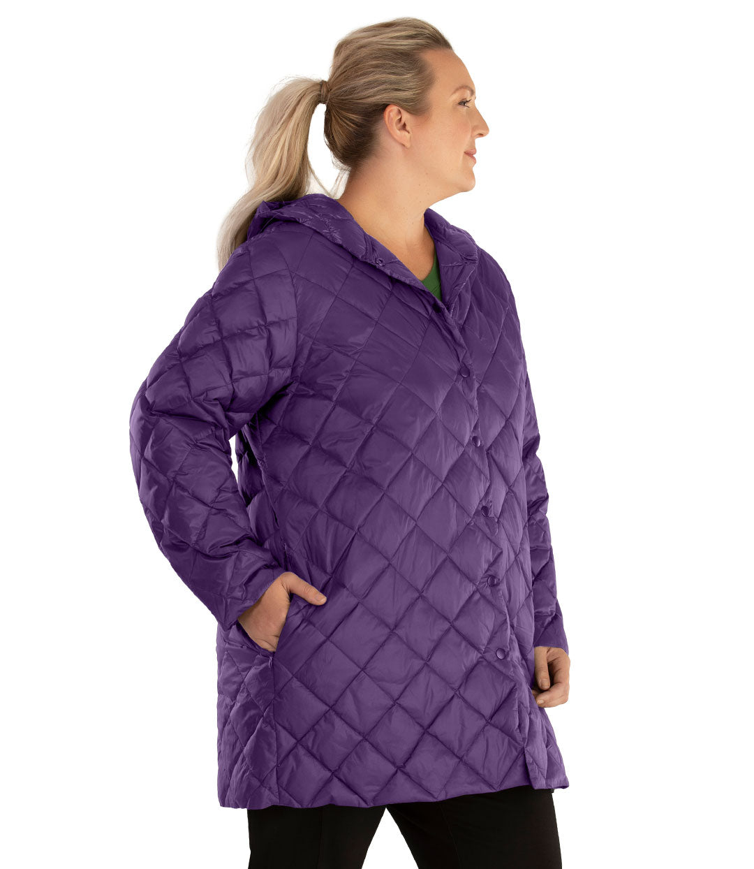 Plus size woman, front side view, facing right wearing a JunoActive plus size Quilted Light Weight Parka in Amethyst Purple. The jacket has a hood, snap front closure and side zip pockets. Jacket quilting is a diamond pattern. The length of the plus size jacket hits below the hips.