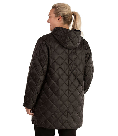 Plus size woman, back view , wearing a JunoActive plus size Quilted Light Weight Parka in black. The jacket has a hood, snap front closure, and side zip pockets. Jacket quilting is a diamond pattern. The length of the plus size jacket hits below the hips.