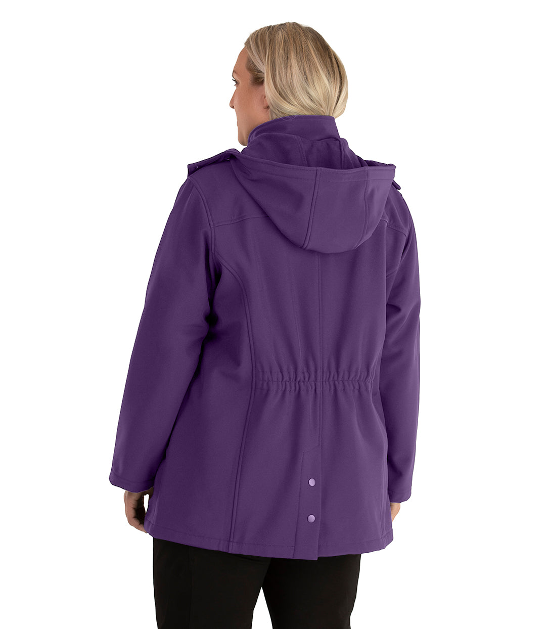 Plus size woman, back view with hood down, wearing a JunoActive plus size Hooded Softshell Jacket in Amethyst Purple. The jacket has a removeable hood, cinched waist, and snap vent at the center back hem. The length of the plus size jacket hits below the hips.