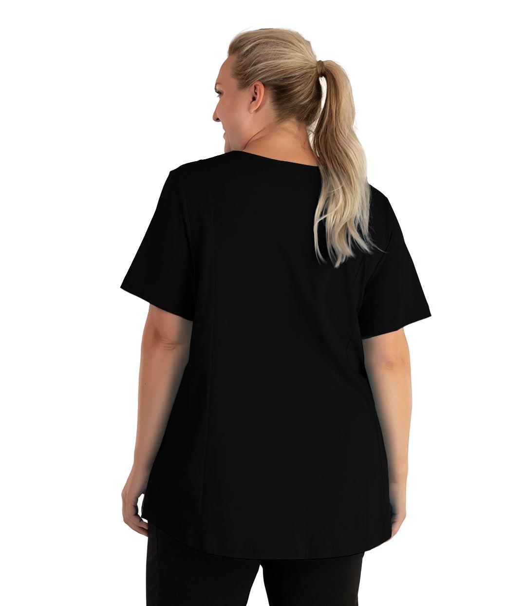 Plus size woman, facing back and looking left, wearing JunoActive plus size Stretch Naturals Lite V-Neck Princess Top in the color Black. She is wearing JunoActive Plus Size Leggings in the color black.
