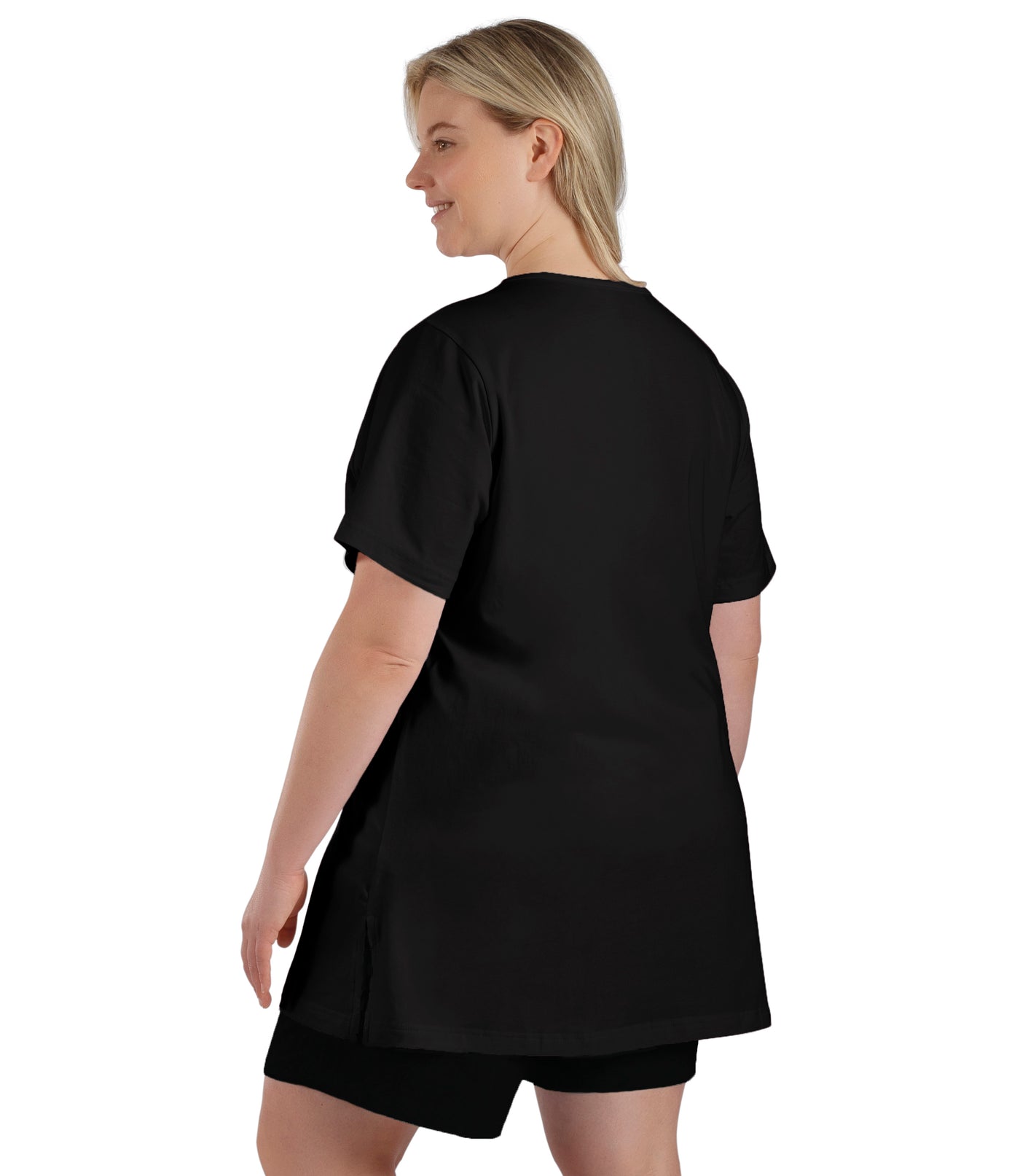 Plus size woman, facing back, wearing JunoBliss V-Neck Short Sleeve Top in color black. Hands down by sides.