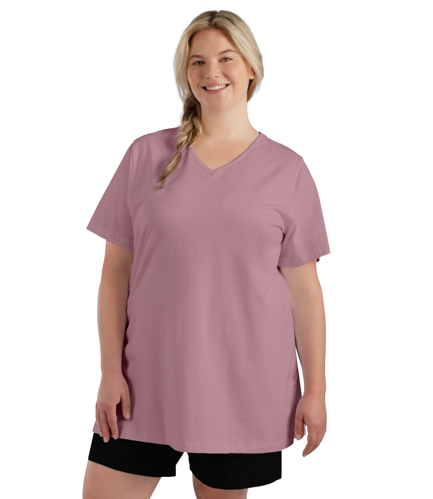 Plus size woman, facing front, wearing JunoBliss V-Neck Short Sleeve Top in rose color. The length comes past crotch and is loosely fitted. 