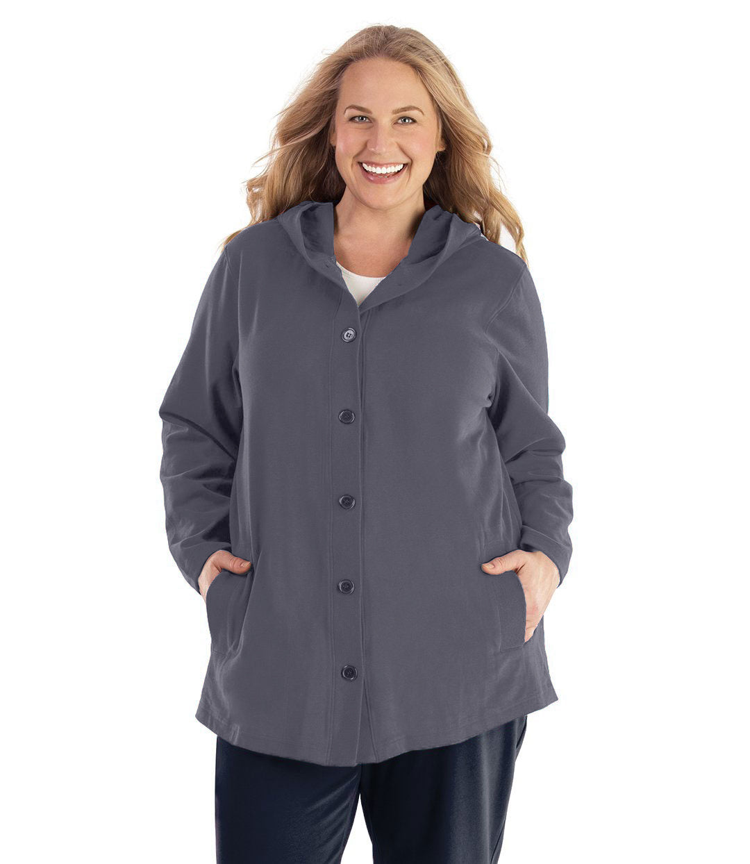Plus size woman wearing Legacy Cotton Casual Button Up Hoodie in Misty Grey. Both hands are in side pockets of hoodie.