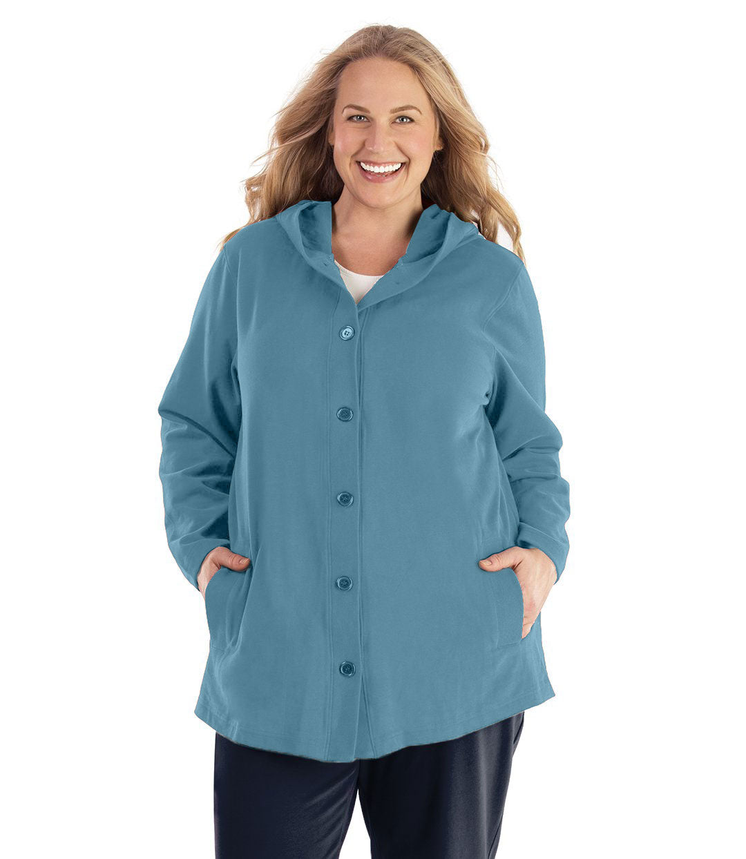 Plus size woman, facing front, wearing JunoActive plus size Legacy Cotton Casual Button Up Hoodie in the color Arctic Blue. She is wearing JunoActive Plus Size Leggings in the color Black.
