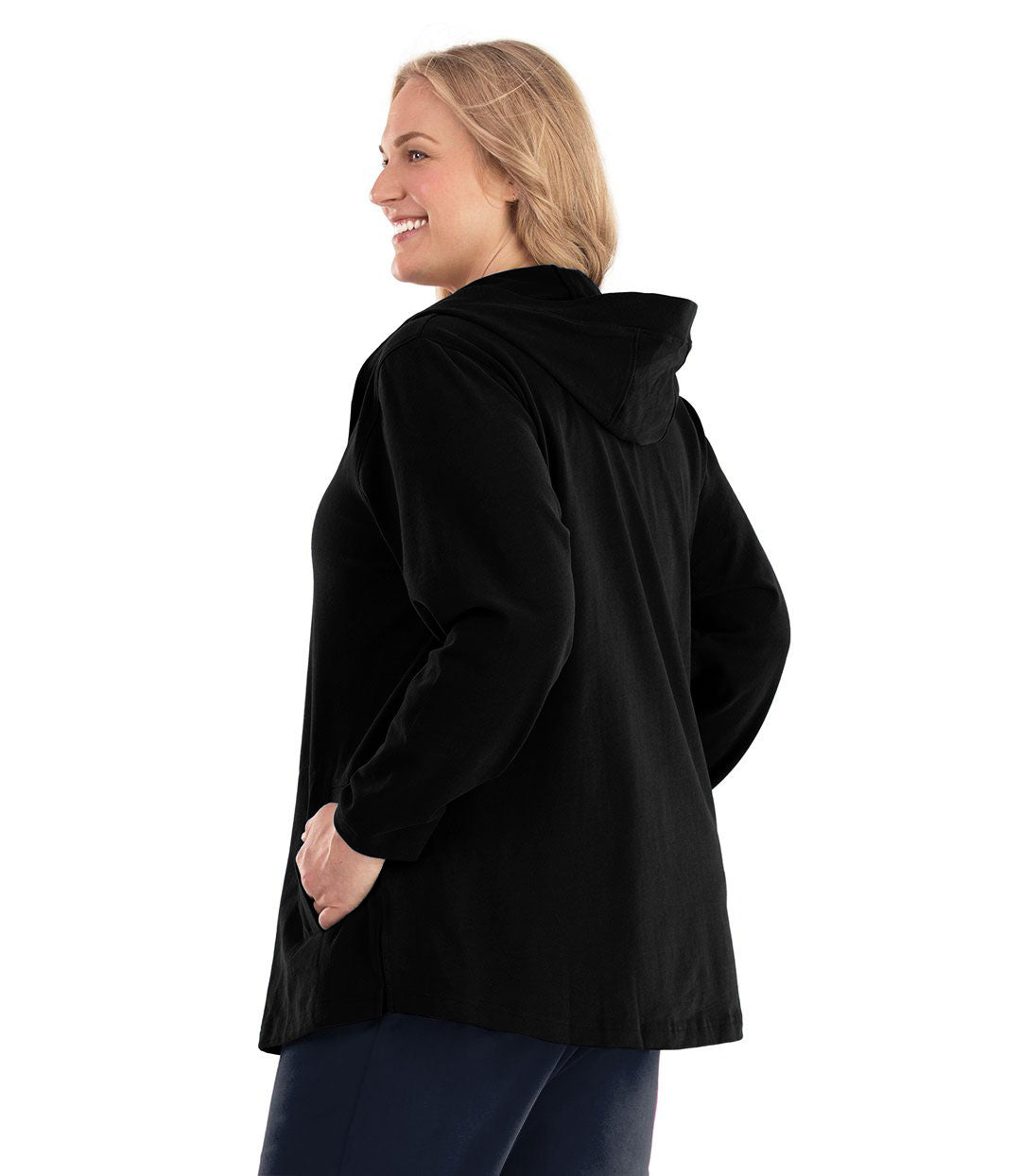 Plus size woman, facing back left, wearing JunoActive plus size Legacy Cotton Casual Button Up Hoodie in the color Black. She is wearing JunoActive Plus Size Leggings in the color Black.