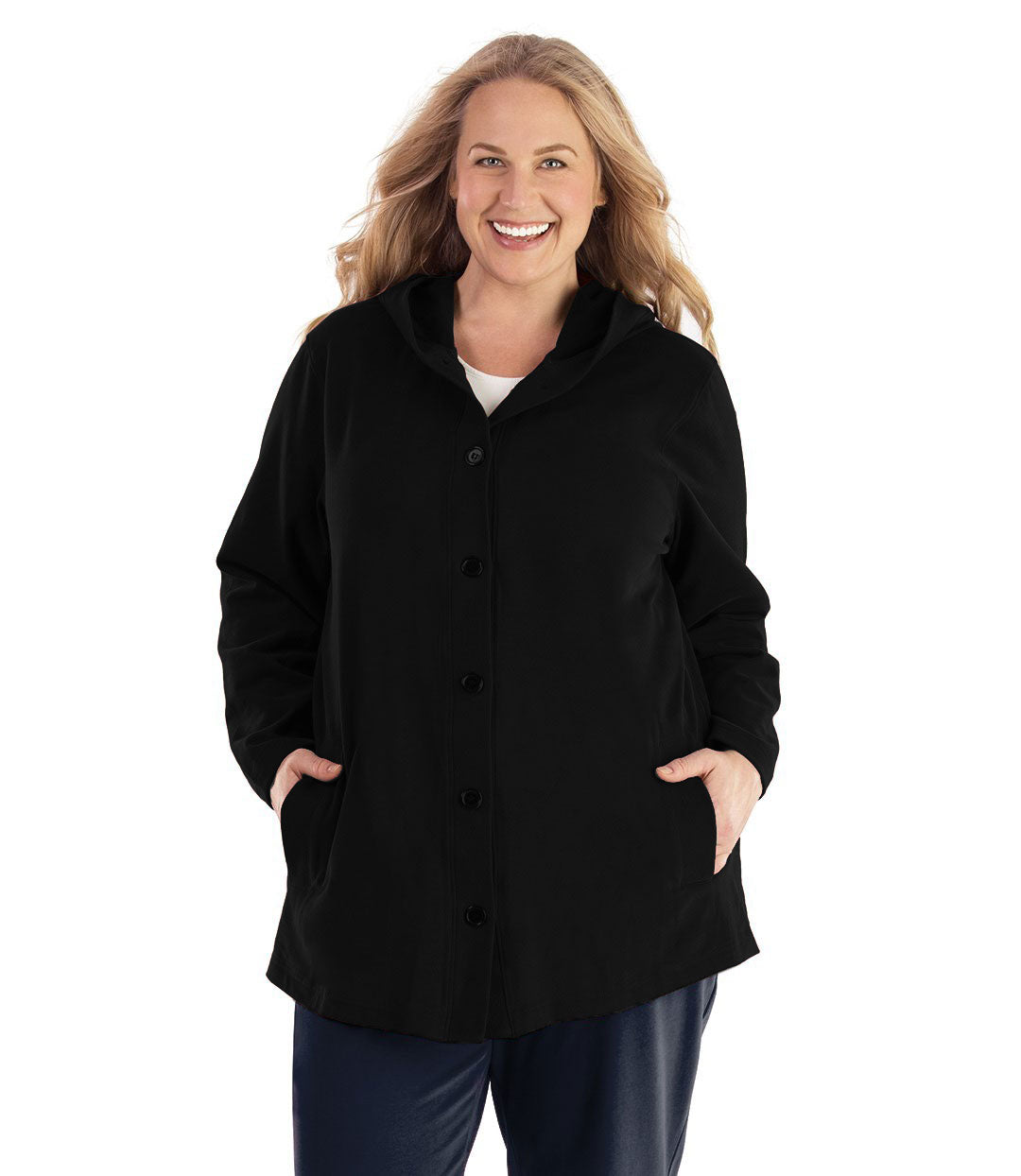 Plus size woman, facing front, wearing JunoActive plus size Legacy Cotton Casual Button Up Hoodie in the color Black. She is wearing JunoActive Plus Size Leggings in the color Black.