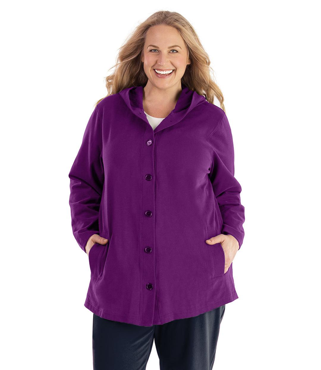 Plus size woman, facing front, wearing JunoActive plus size Legacy Cotton Casual Button Up Hoodie in the color Heliotrope Purple. She is wearing JunoActive Plus Size Leggings in the color Black.